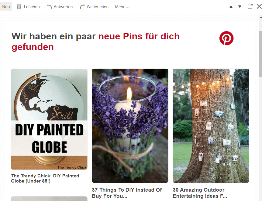 Beispiel einer personalisierten E-Mail von Pinterest.