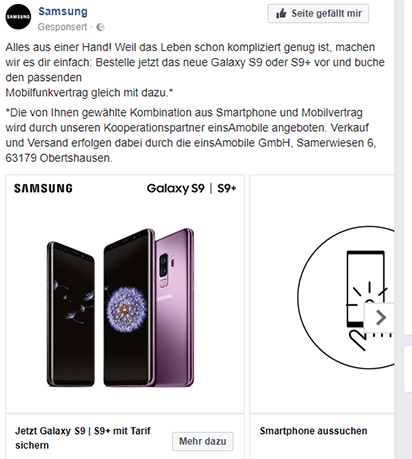 Samsung Werbung auf Facebook Startseite (Screenshot), 26.03.2018