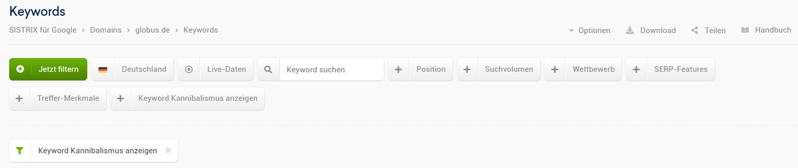 Im Keyword Tab gibt es bei Sistrix eine Funktion zur Anzeige von Keyword-Kannibalismus.