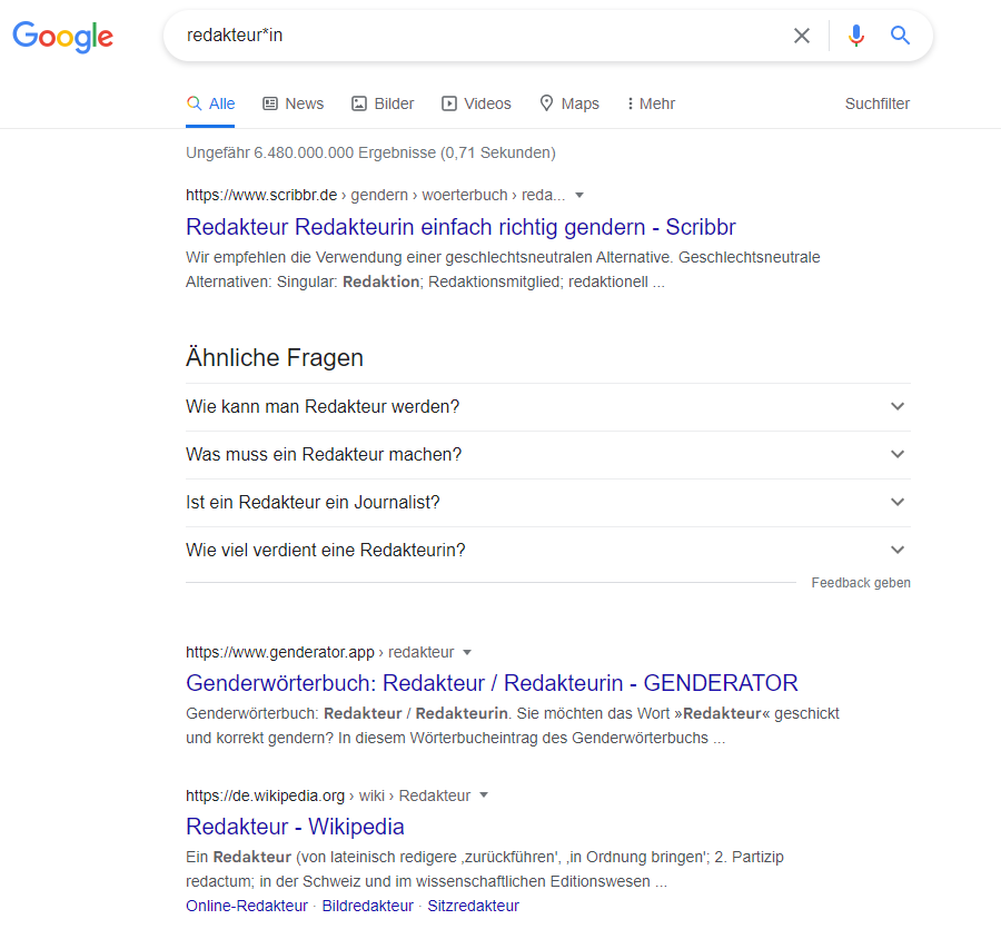 Google SERP zu Suchanfrage Redakteur*in