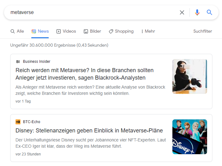 Google News Reiter in der Suche