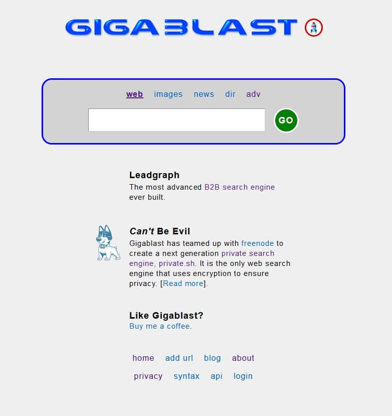 Gigablast Suchmaske