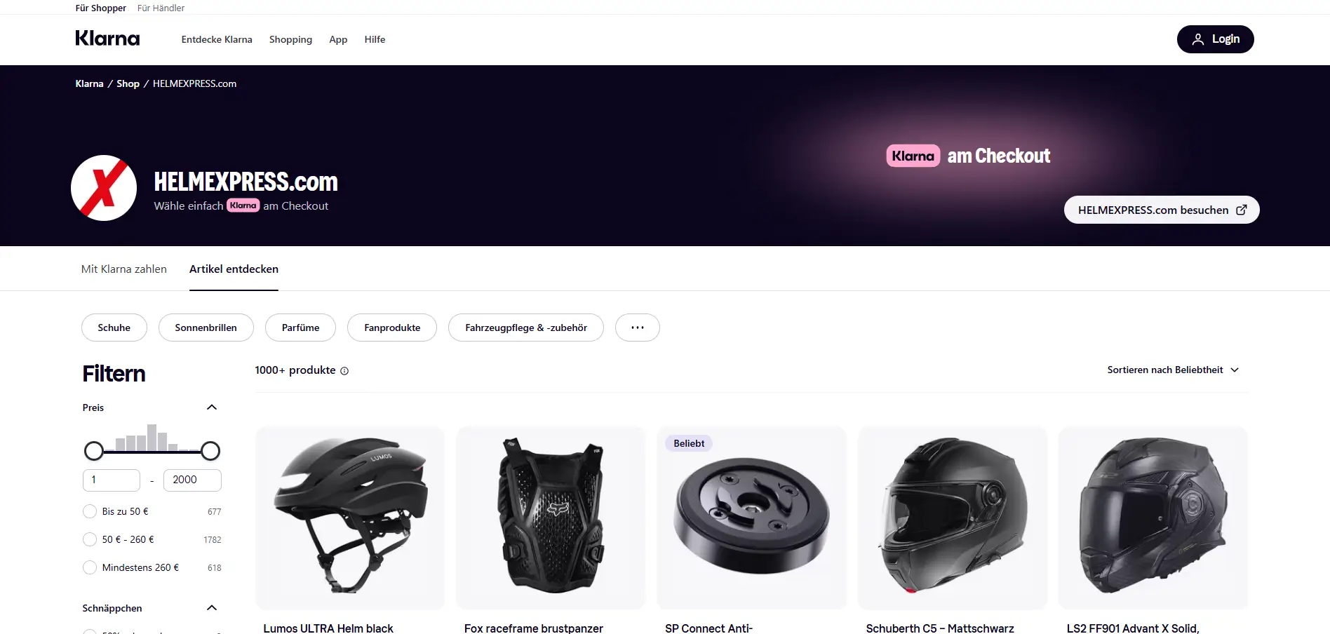 Screenshot Affiliate-Marketing Helmexpress Klarna