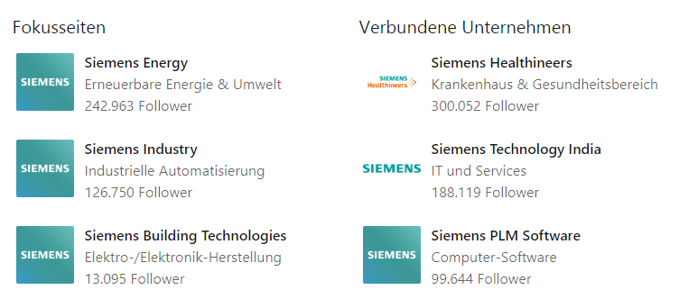 Fokus-Seiten und verbundene Unternehmen bei LinkedIn